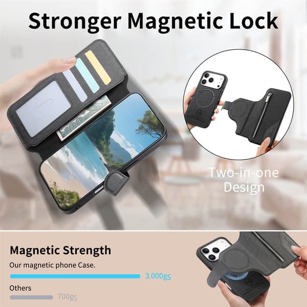 Telefonfodral för iPhone 17 Pro Max Plånbok Dragkedja Kortficka Black