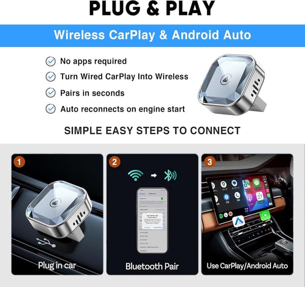 Trådløs CarPlay-adapter for Android og iPhone, Plug & Play oppgradert Android for bil