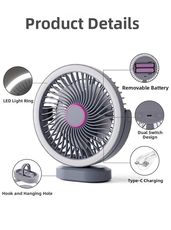 Bærbar ventilator, 3 hastigheder, tovejsrotation (grå)