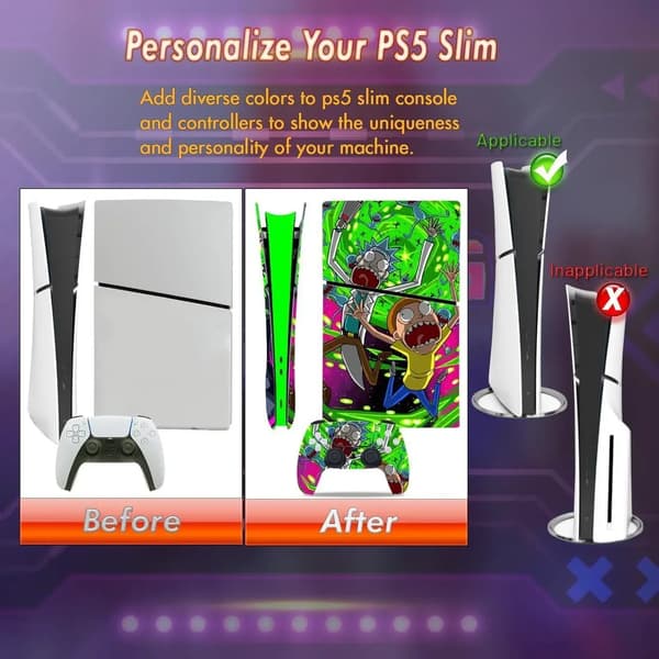 Skin til PS5 Slim Disc Edition og Controller, Nem at påføre uden bobler Black