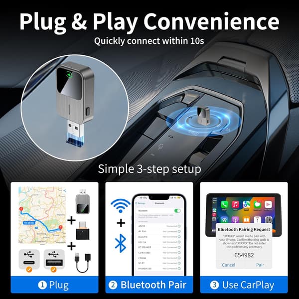 Trådløs CarPlay-adapter - Plug & Play Auto Connect til iPhone, fra 2016 og til iPhone iOS 12+