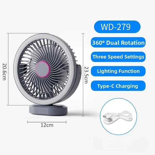 Bærbar ventilator, 3 hastigheder, tovejsrotation (grå)