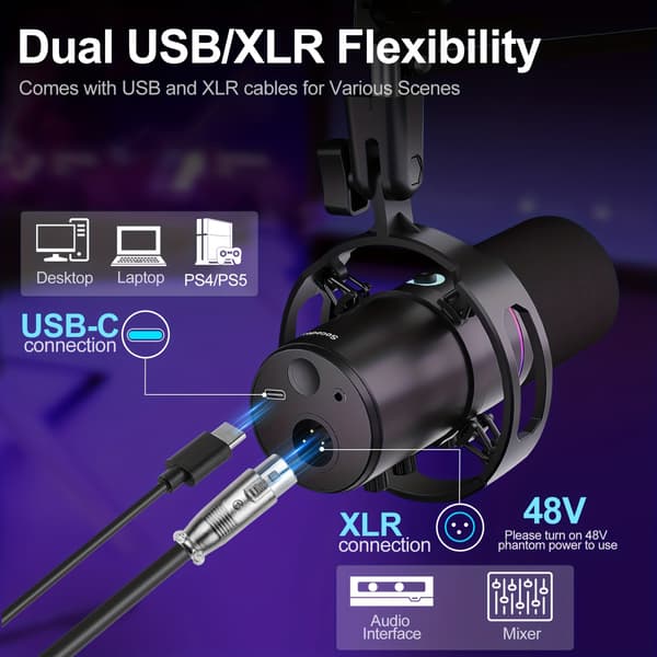 USB Dynamisk Mikrofonkit med Støjreduktion til Streaming, Gaming, Voice-Over, Sort