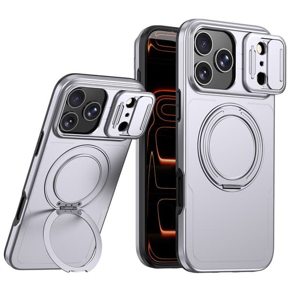 Deksler til iPhone 17 Pro Max / 18 Pro Max med skyvbart kameralinsedeksel og innebygd støtte Silver
