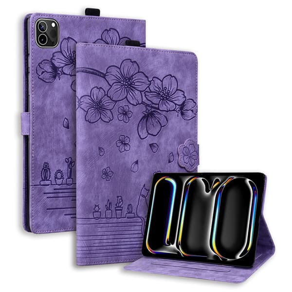 Fodral för iPad Pro 13 2024, lädermaterial blommönster (lila)
