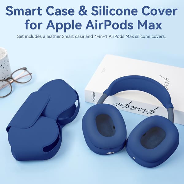 4-i-1 silikoneetui til AirPods Max, med opbevaringstaske, blødt lædermateriale Blue