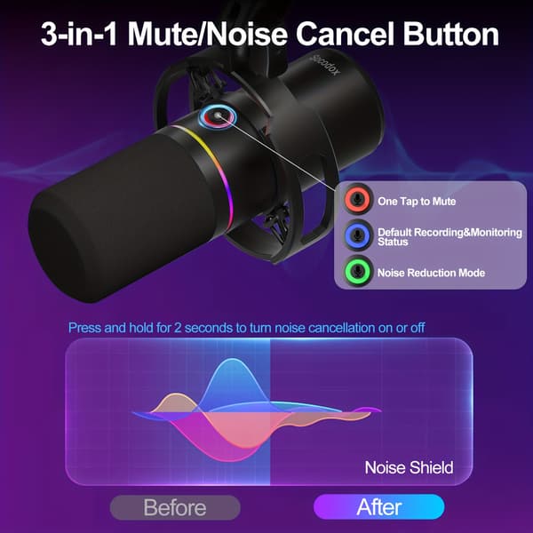 USB Dynamisk Mikrofonkit med Støjreduktion til Streaming, Gaming, Voice-Over, Sort