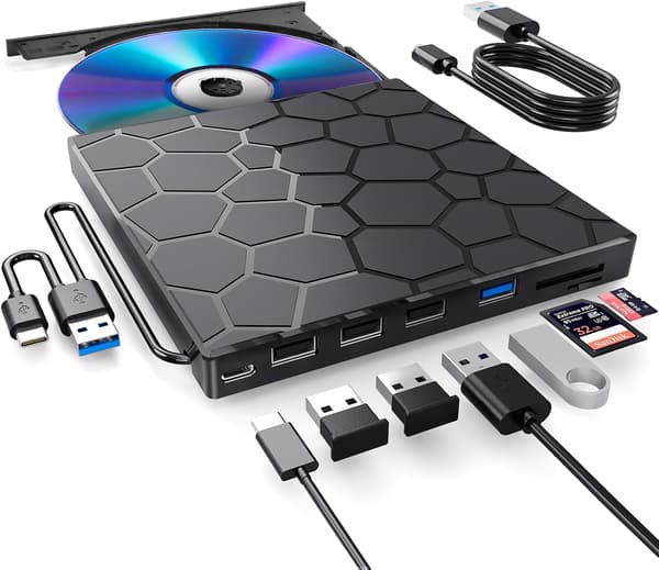 Eksternt CD/DVD-drev, 8 i 1 USB 3.0 Bærbar DVD-afspiller, Brænder Skriver, til Bærbar Desktop PC Mac Windows Linux OS