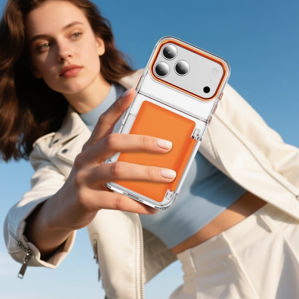 Puhelinkotelo iPhone 17 Pro Max -lompakko läpinäkyvä luottokorttipaikka Orange