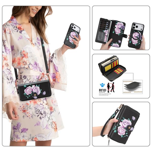 Puhelinkotelo iPhone 17 Pro Max -lompakko Crossbody-luottokorttipaikalla Black