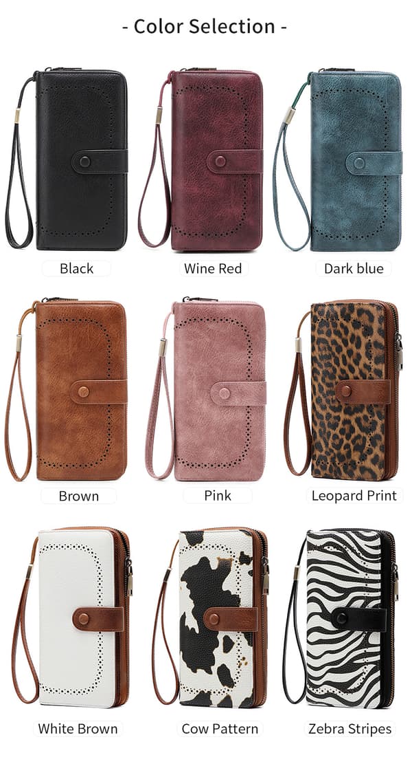 Lång plånbok för kvinnor, RFID-blockerande, med handledsrem, 45 kortfack Leopard Print