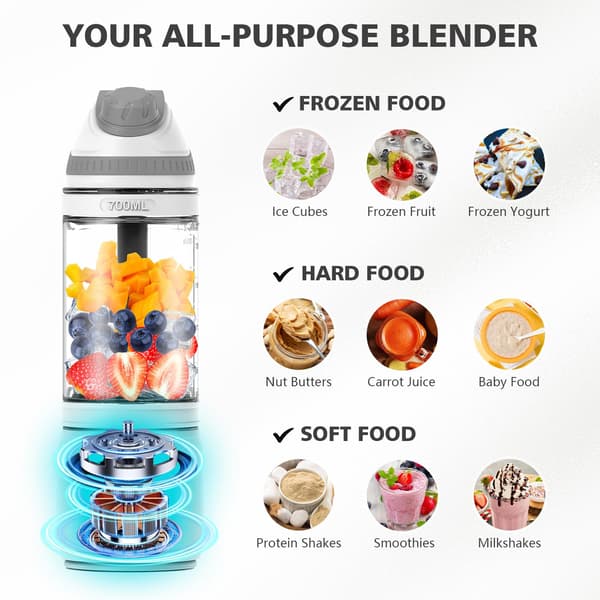 Bærbar multifunksjonell blender, 700 ml kapasitet, USB-C-lading. White