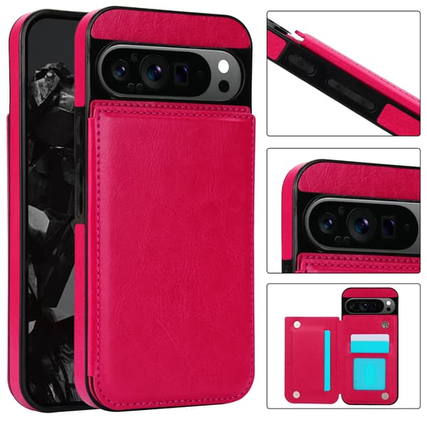 Fodral för Google Pixel 11, med kortplats, PU-lädermaterial Rose Red