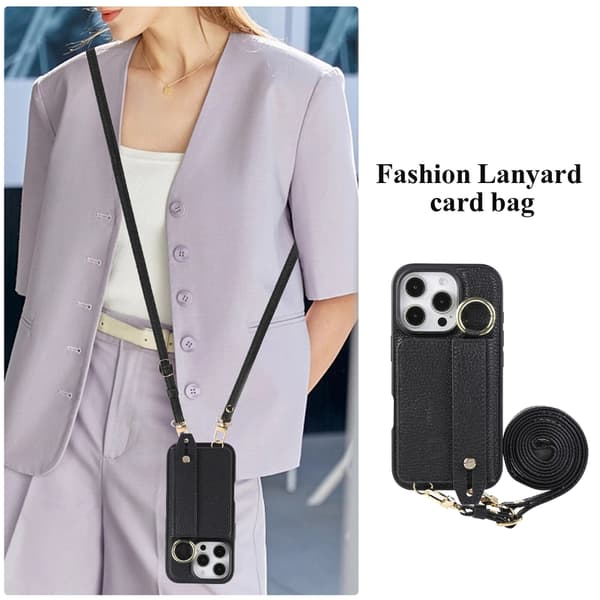 Telefonfodral för iPhone 16 Pro Max Plånbok Crossbody Stöd Black