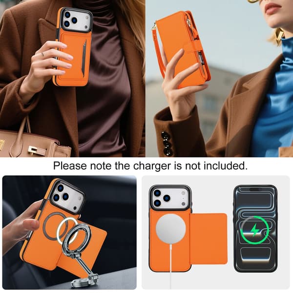 Telefonfodral för iPhone 17 Pro Max Plånbok Crossbody Dragkedja Orange