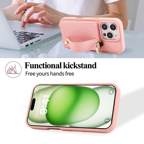 Telefonfodral för iPhone 16 Pro Max Plånbok Crossbody Stöd Pink