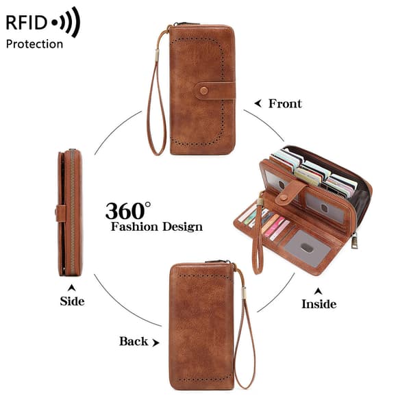Lång plånbok för kvinnor, RFID-blockerande, med handledsrem, 45 kortfack Deep Blue