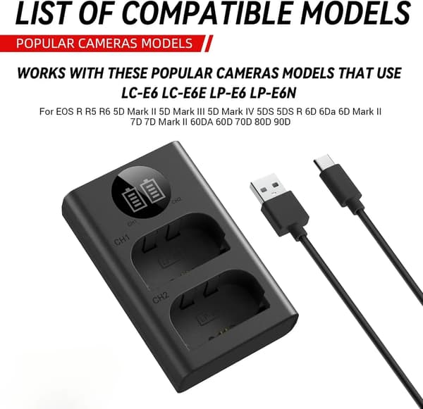 Laddare för Canon LP-E6 LP-E6N LP-E6NH batteri USB dubbla platser