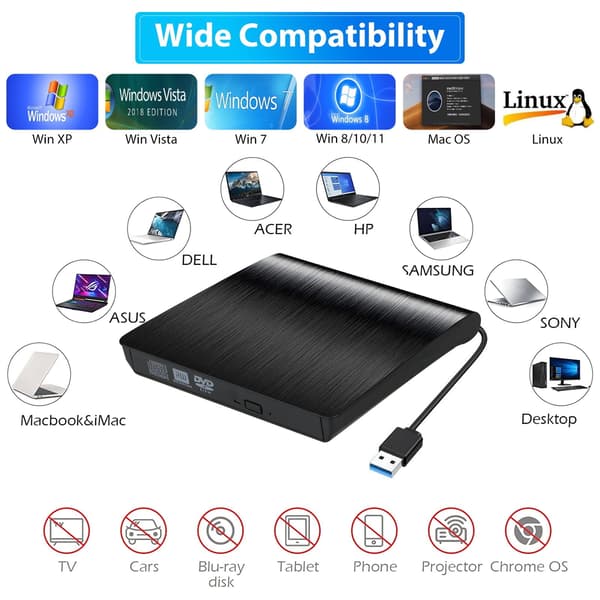Eksternt CD/DVD-drev, USB 3.0 bærbart CD/DVD +/-RW-afspiller/brænder, til bærbar pc Mac