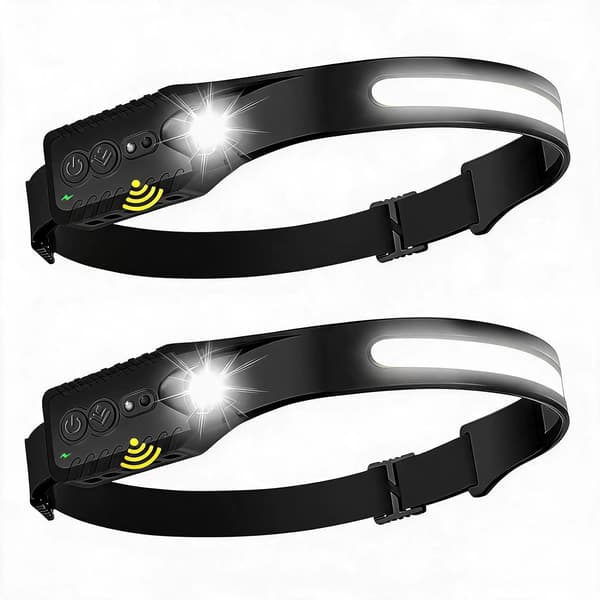 Oppladbar hodelykt, 5 moduser, med bevegelsessensor, 2-pakning. For løping, camping og mer.