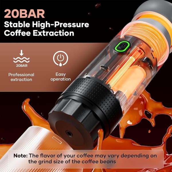 Bärbar espressomaskin, USB-C-driven, kompatibel med malet kaffe och NS-kapslar. Silver