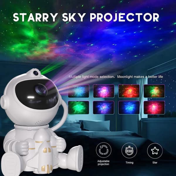 Astronautti-tähtiprojektorilamppu, 8 sumutilaa, USB-virtalähde Holding An Airplane