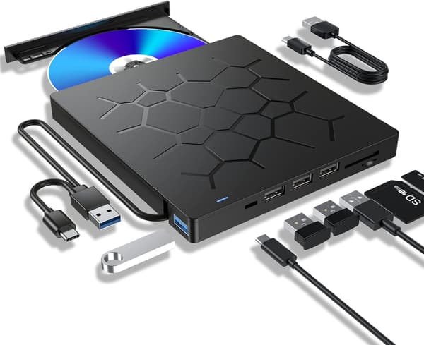 Eksternt CD/DVD-drev, 7-I-1 USB 3.0 Bærbar DVD-afspiller, Brænder/Skriver, til Bærbar Desktop PC MacBook Windows Linux OS