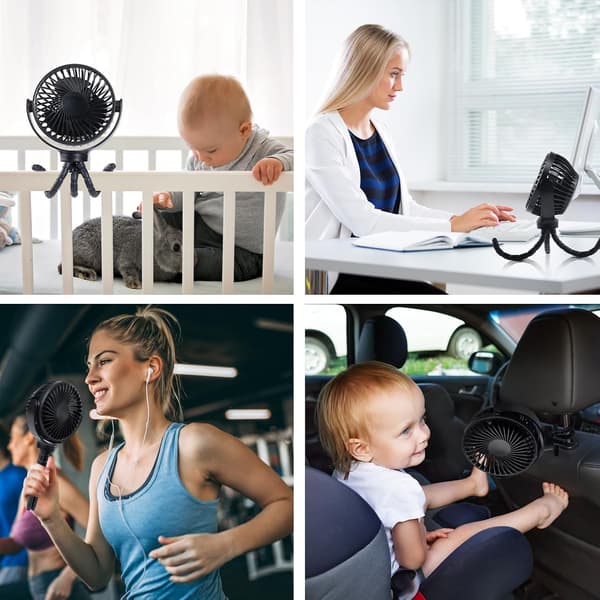 Bærbar ventilator, 3 hastigheder, 360° rotation, USB genopladelig, til klapvogn/seng/kontor Blue