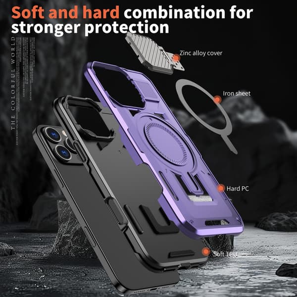 Telefondeksel til iPhone 17 Pro Max Støtteben Linsebeskyttelse Robust Magnetisk Purple