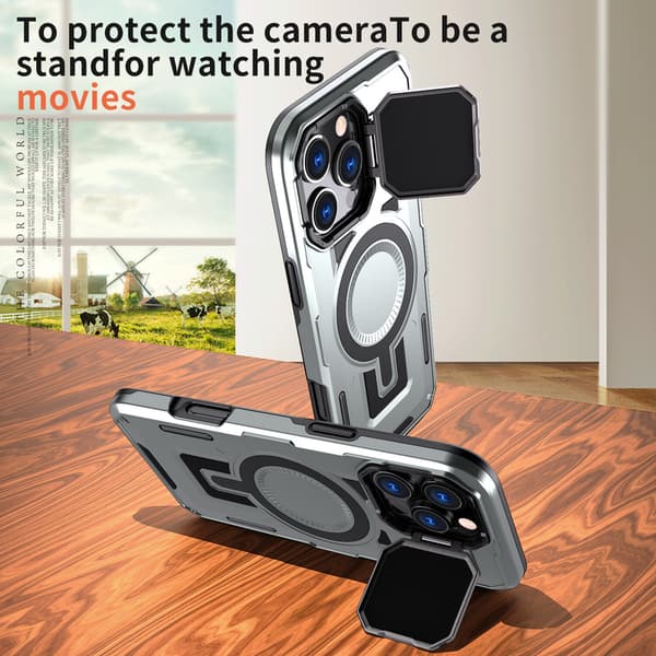 Telefoncover til iPhone 17 Pro Max Støtteben Linsecover Robust Magnetisk Silver