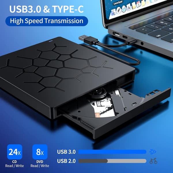 Eksternt CD/DVD-drev, 7-I-1 USB 3.0 Bærbar DVD-afspiller, Brænder/Skriver, til Bærbar Desktop PC MacBook Windows Linux OS