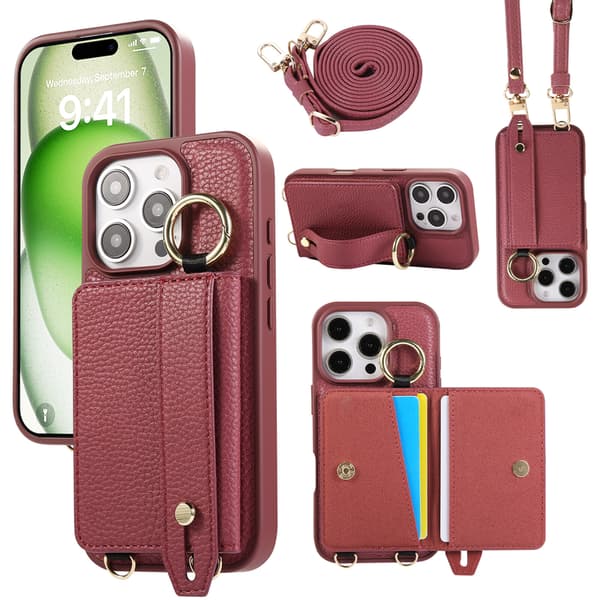 Telefonfodral för iPhone 16 Pro Max Plånbok Crossbody Stöd Red