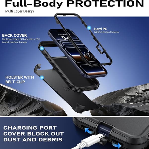 Deksel til iPhone 18 Pro Max / 17 Pro Max, støtsikkert robust deksel med belteklips Grey iPhone18ProMax/17ProMax
