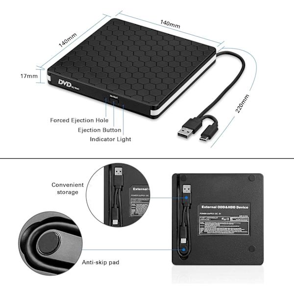 Eksternt CD/DVD-drev, USB 3.0 Type-C bærbar brænder til bærbar computer, stationær pc, Mac, Windows, Linux, høj hastighed
