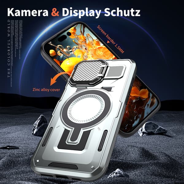 Telefoncover til iPhone 17 Pro Max Støtteben Linsecover Robust Magnetisk Silver