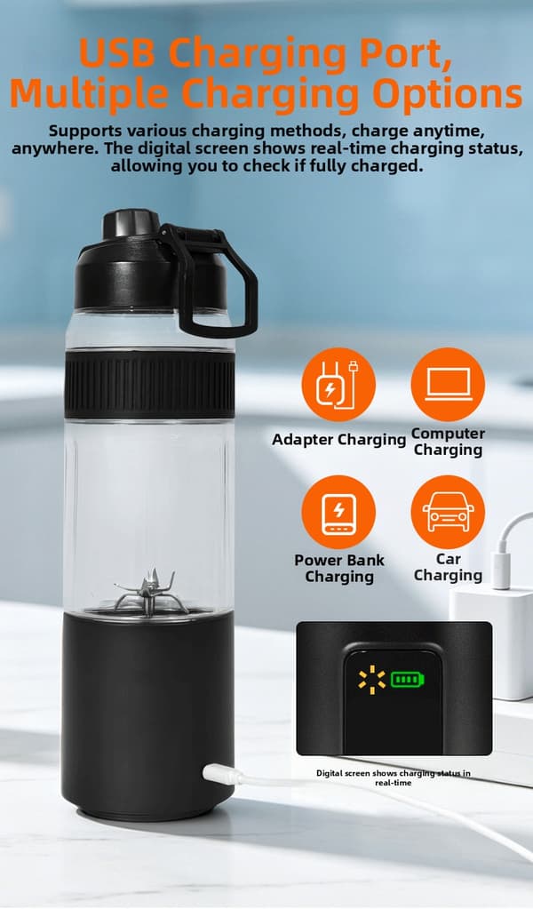 Bærbar blender, 2 moduser, digital skjerm, USB-lading, 600 ml kapasitet. Black