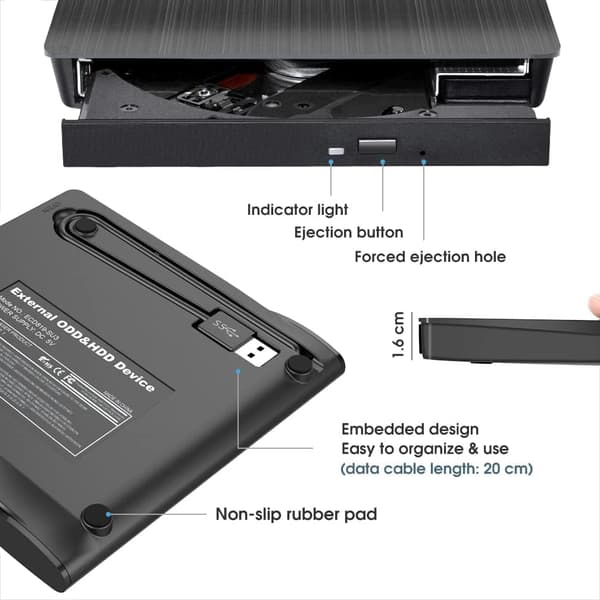 Eksternt CD/DVD-drev, USB 3.0 bærbart CD/DVD +/-RW-afspiller/brænder, til bærbar pc Mac