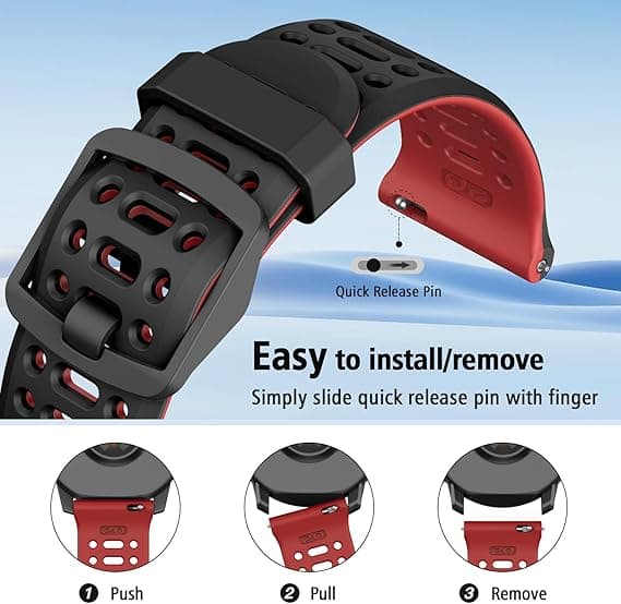 Urrem til Coros Pace 2, Forerunner 55/245/645 Music Silikone Quick Release Erstatningsrem 20mm Black Red