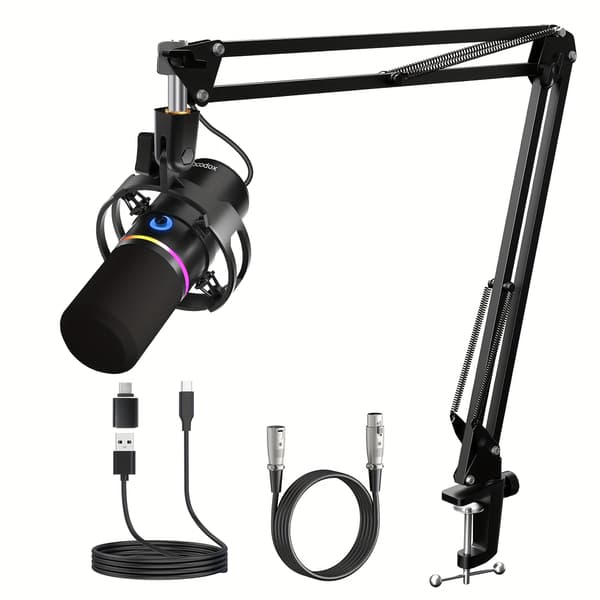 USB Dynamisk Mikrofonkit med Støjreduktion til Streaming, Gaming, Voice-Over, Sort