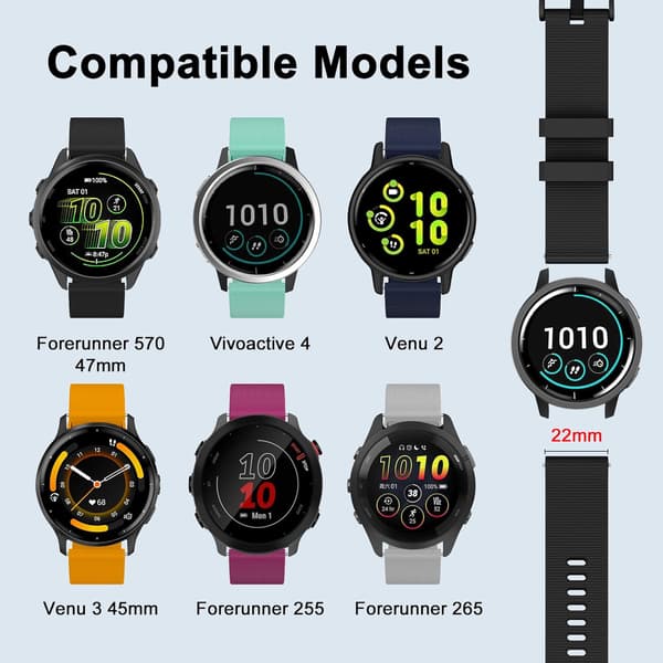 Rem til Garmin Vivoactive 4/Forerunner 255/265, 22mm Silikone Quick Release Erstatningsrem Black