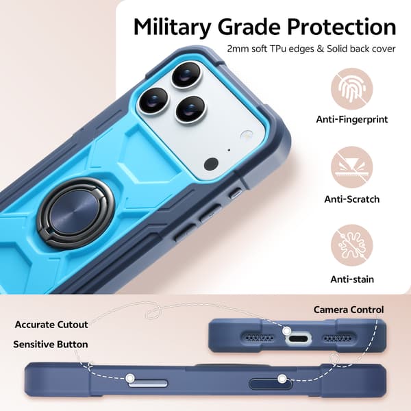 Etui til iPhone 18 Pro Max/17 Pro Max, beskyttende silikoneetui med 360° roterbar ringholder Blue iPhone 18 Pro Max/17 Pro Max