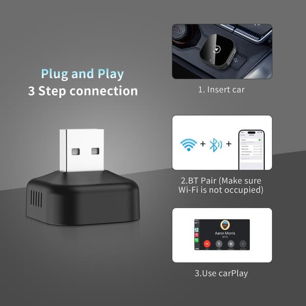 Langaton CarPlay-sovitin 2-in-1 Plug & Play, iPhonelle ja Androidille A