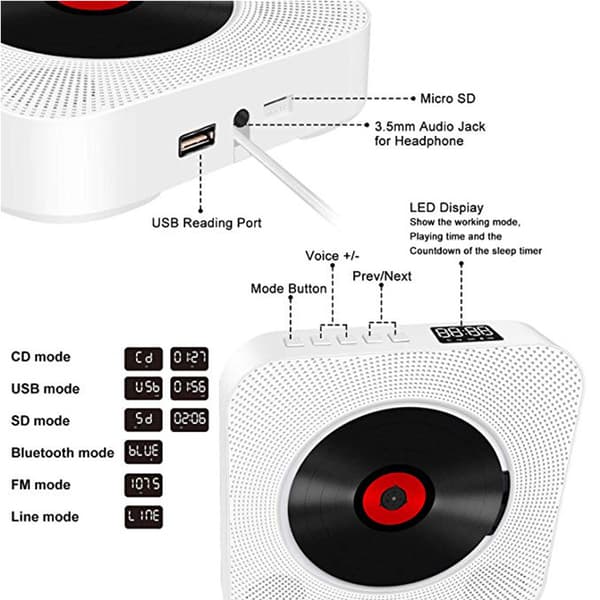 Bærbar CD-spiller med Bluetooth for hjemmebruk Black