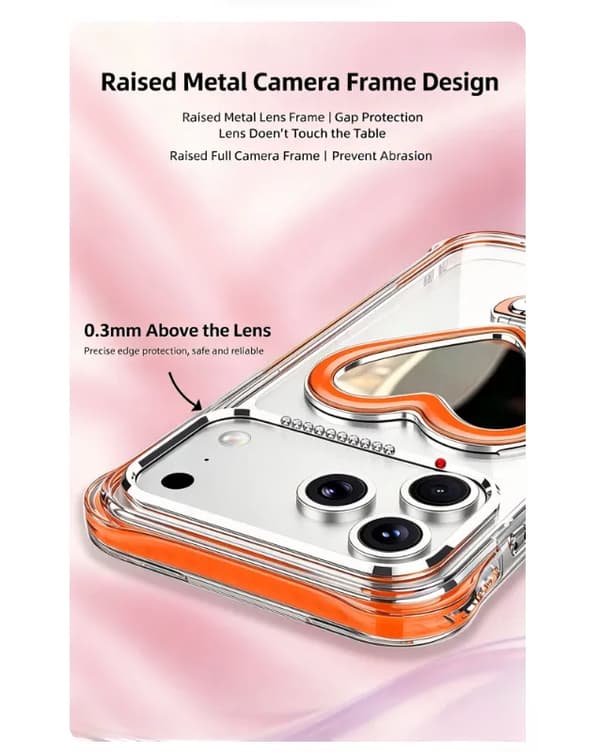 Deksel til iPhone 18 Pro Max, gjennomsiktig bakside med hjerteformet stativ Pink