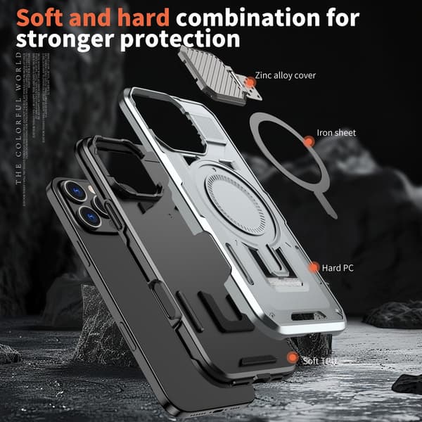 Telefoncover til iPhone 17 Pro Max Støtteben Linsecover Robust Magnetisk Silver