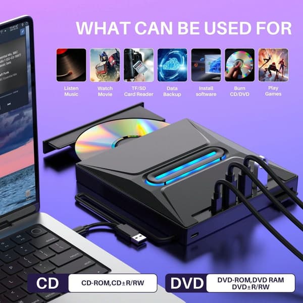 Eksternt CD/DVD-drev, bærbart USB 3.0 CD-brænder og DVD-afspiller, til bærbar PC Mac