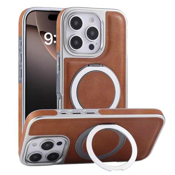 Telefondeksel til iPhone 16 Pro Max Hybrid Støtteben Ringholder Støtsikkert Brown