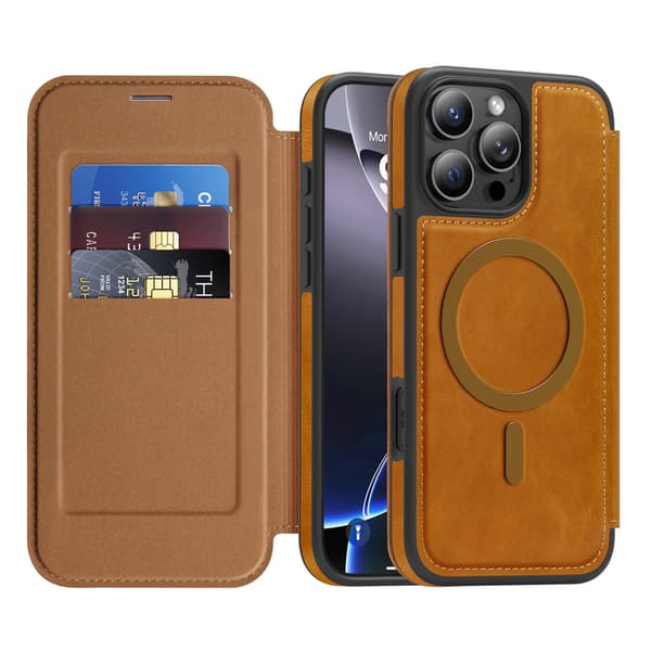 Telefonfodral för iPhone 17 Pro Max Plånboksfodral Magnetisk RFID Brown