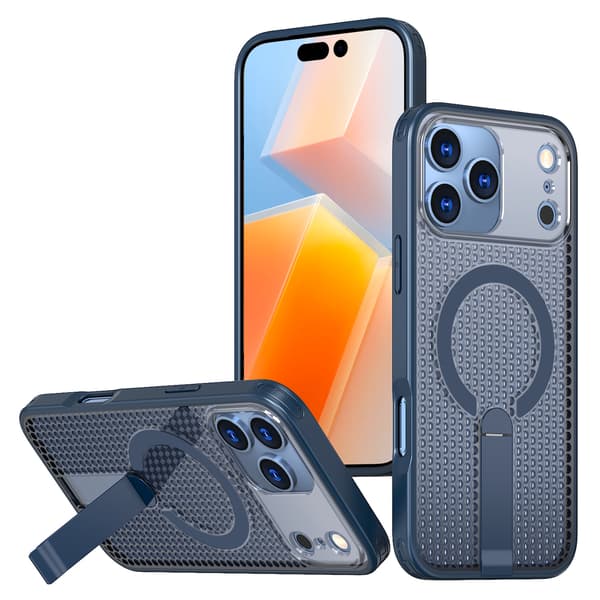 Etui til iPhone 18 Pro / 17 Pro med uthulet varmeavledning og skjult støtteben Blue