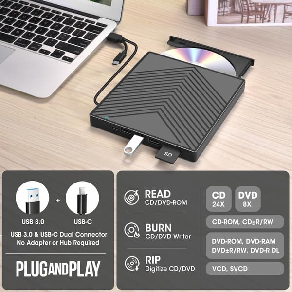 Eksternt CD/DVD-drev, USB 3.0 & USB-C, SD-kortlæser + USB-port, ultraslank brænder/afspiller, til bærbar Mac PC Windows 11/10/8/7 Linux